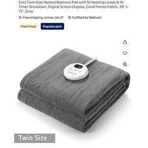 Maxkare Twin Heated Mattress Pad, 10 Levels, Fleece Fabric, 39" x 75", Gray